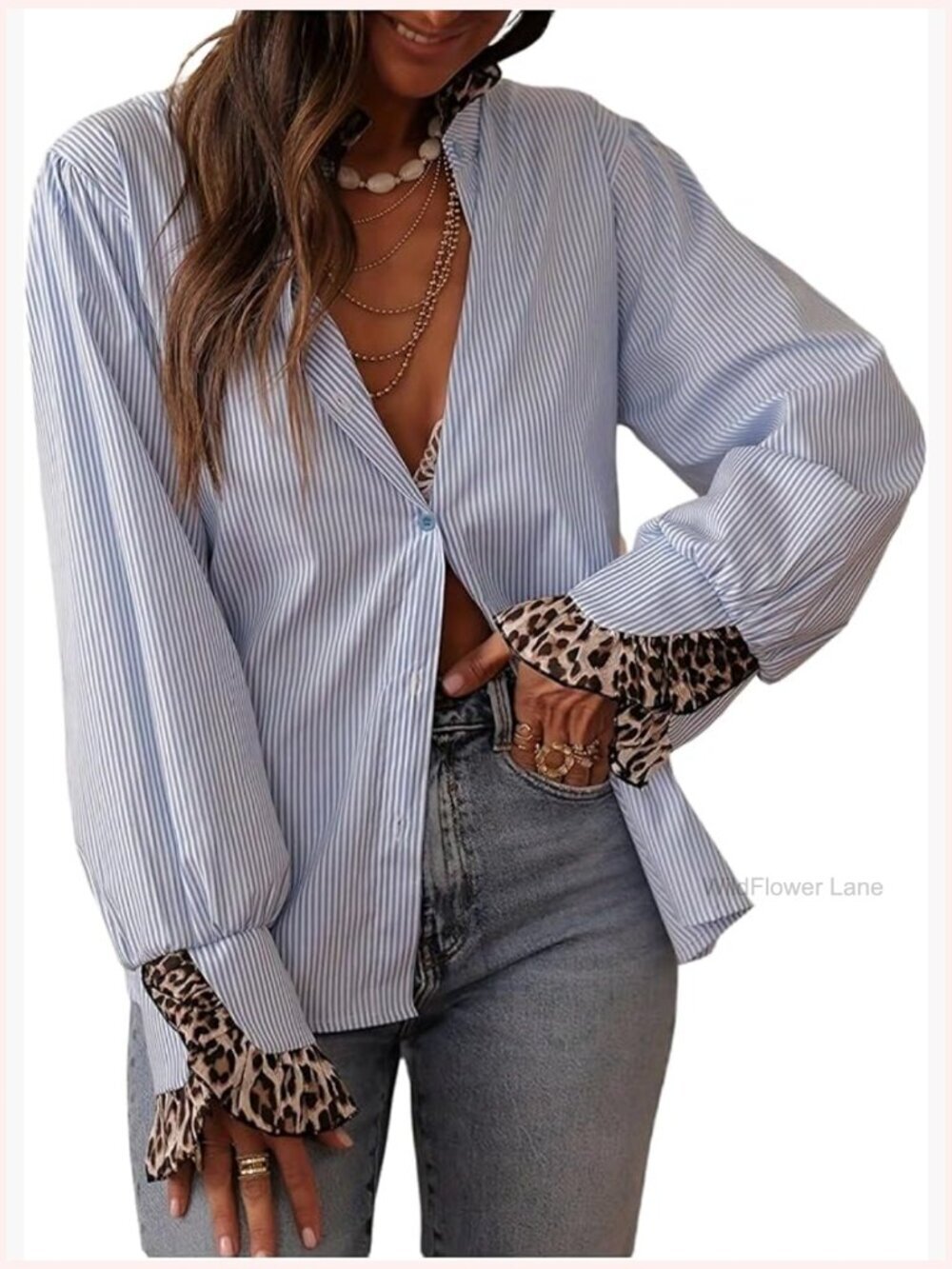 Plus Size Striped Ruffle Button Down Shirt Long Sleeve Blouse Office Top
